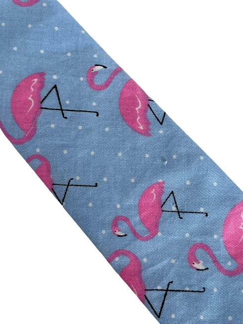 childrens light blue cotton tie with pink flamingo design